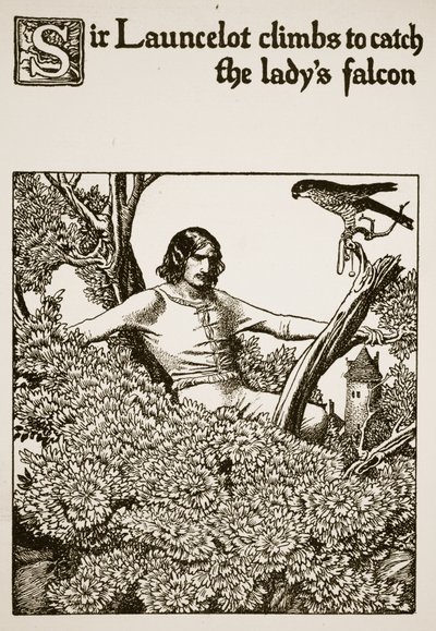 Sir Launcelot klettert, um den Falken der Dame zu fangen, Illustration aus 